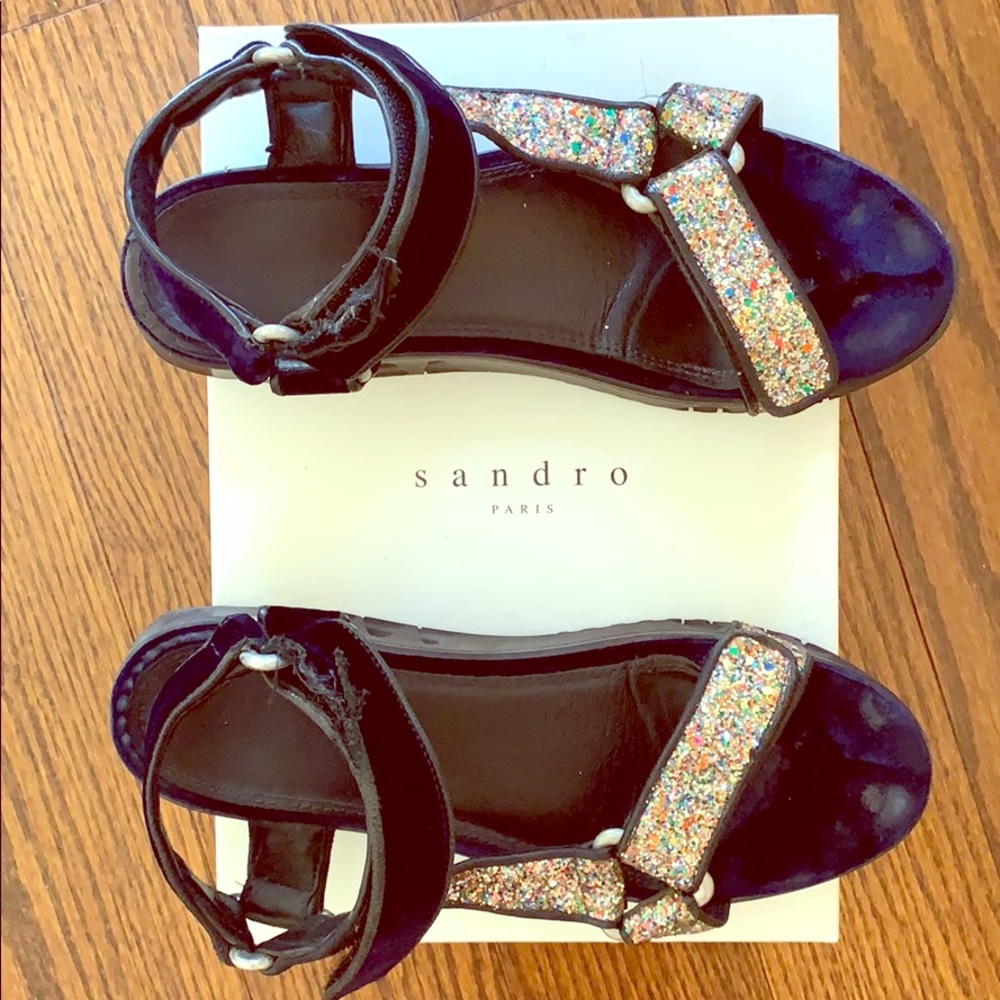 Sandro Paris velvet Velcro strap glitter sandals